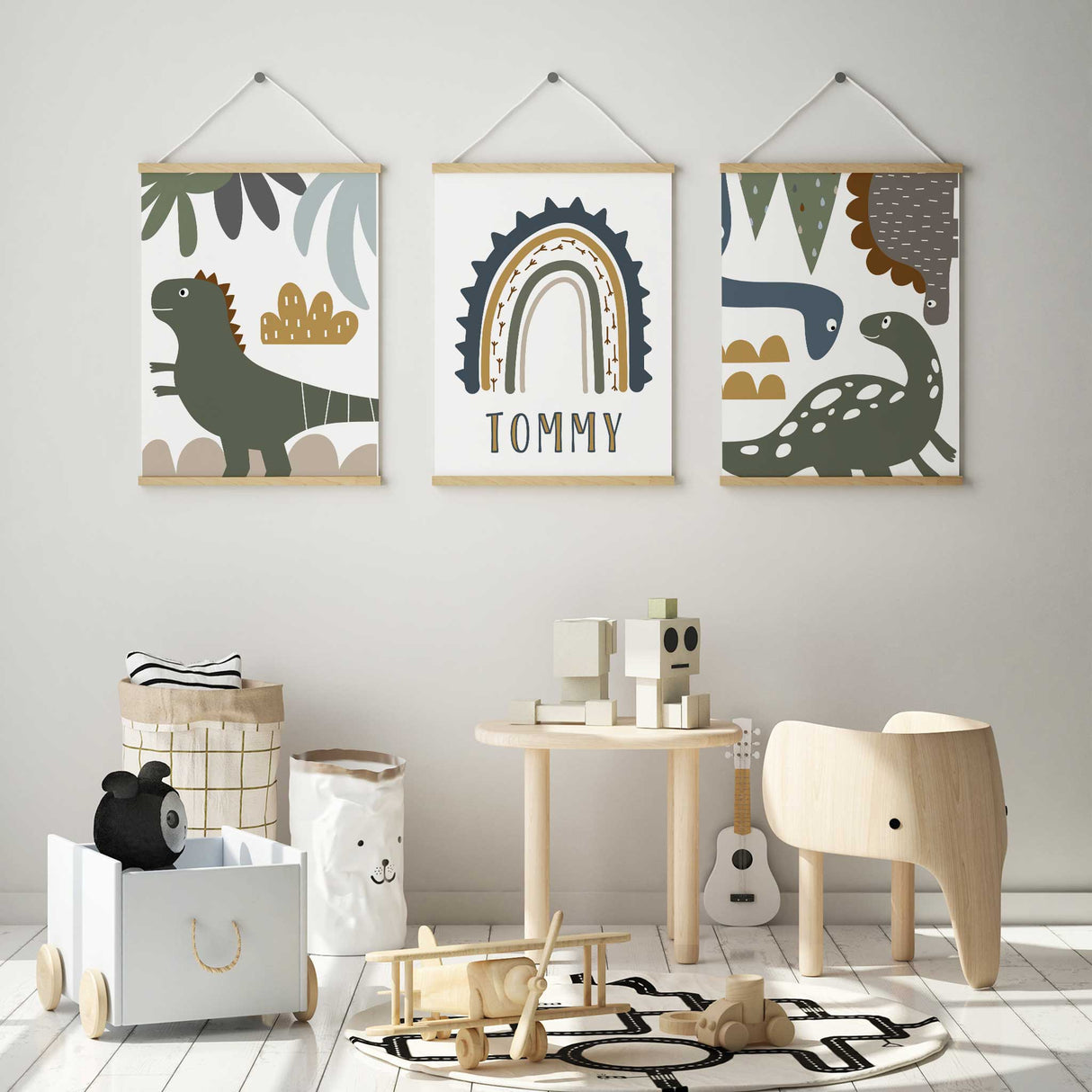Dinosaur nursery wall art set of 3 with modern green and earthy tones for boys room decor