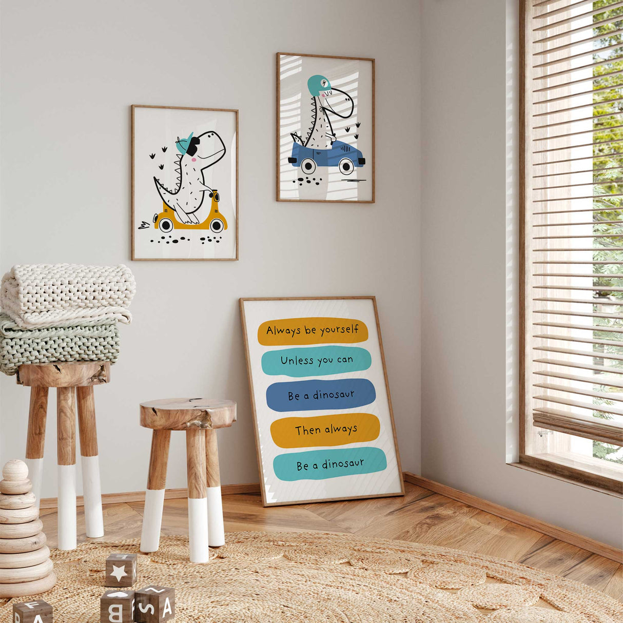 Cool dinosaur riding a yellow scooter print for kids bedroom