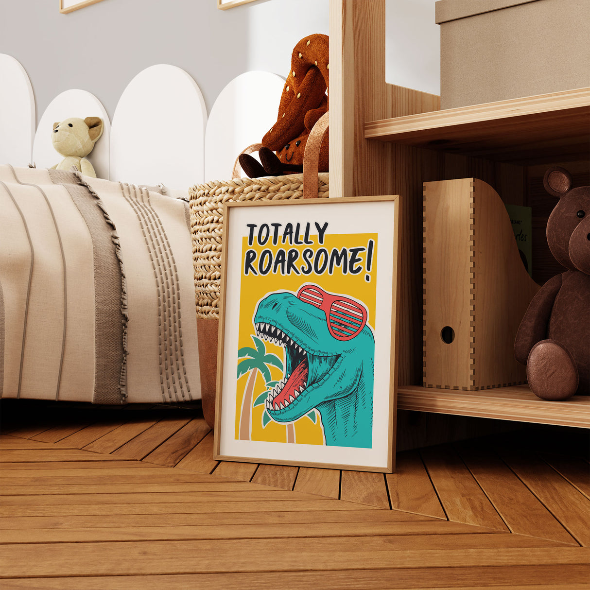 Dinosaur playroom wall art featuring a colourful T-rex, tropical palm trees and the phrase Totally Roarsome.