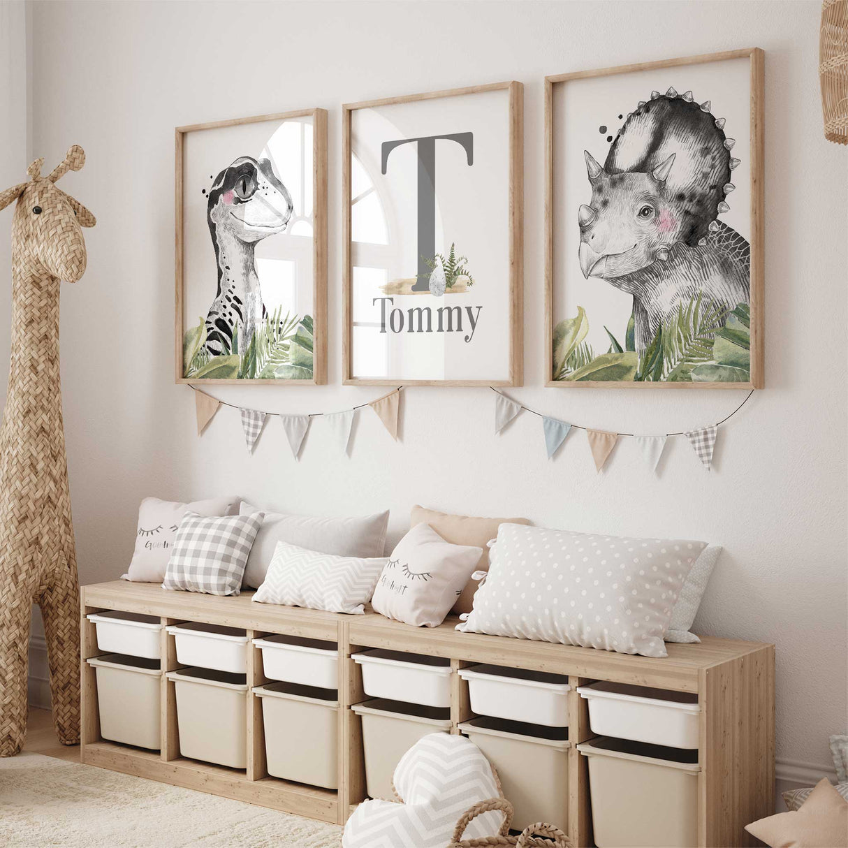 set of 3 boys personalized dinosaur prints. perfect for toddler bedroom