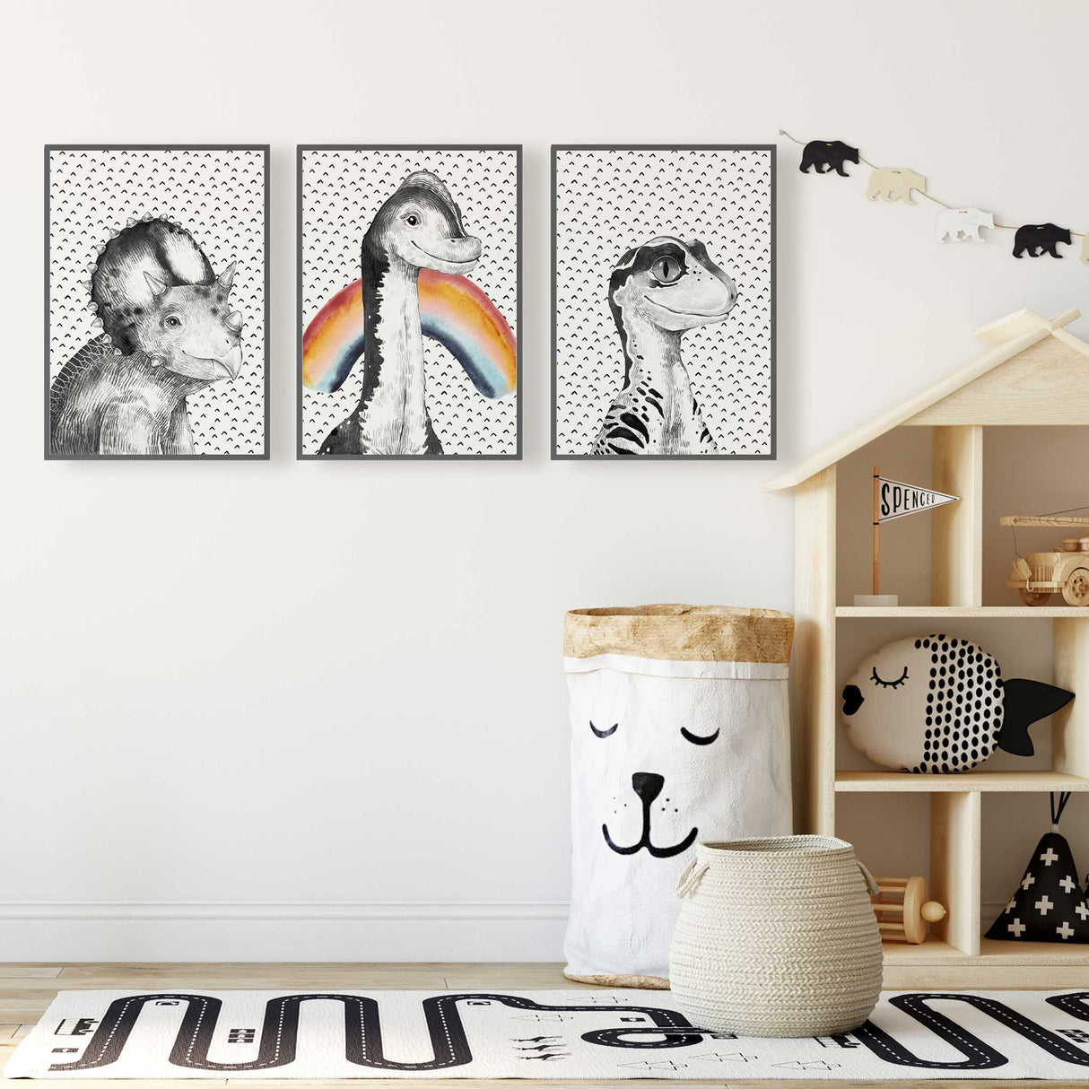 Rainbow dinosaur wall art print set of 3 for boys playroom or nursery decor