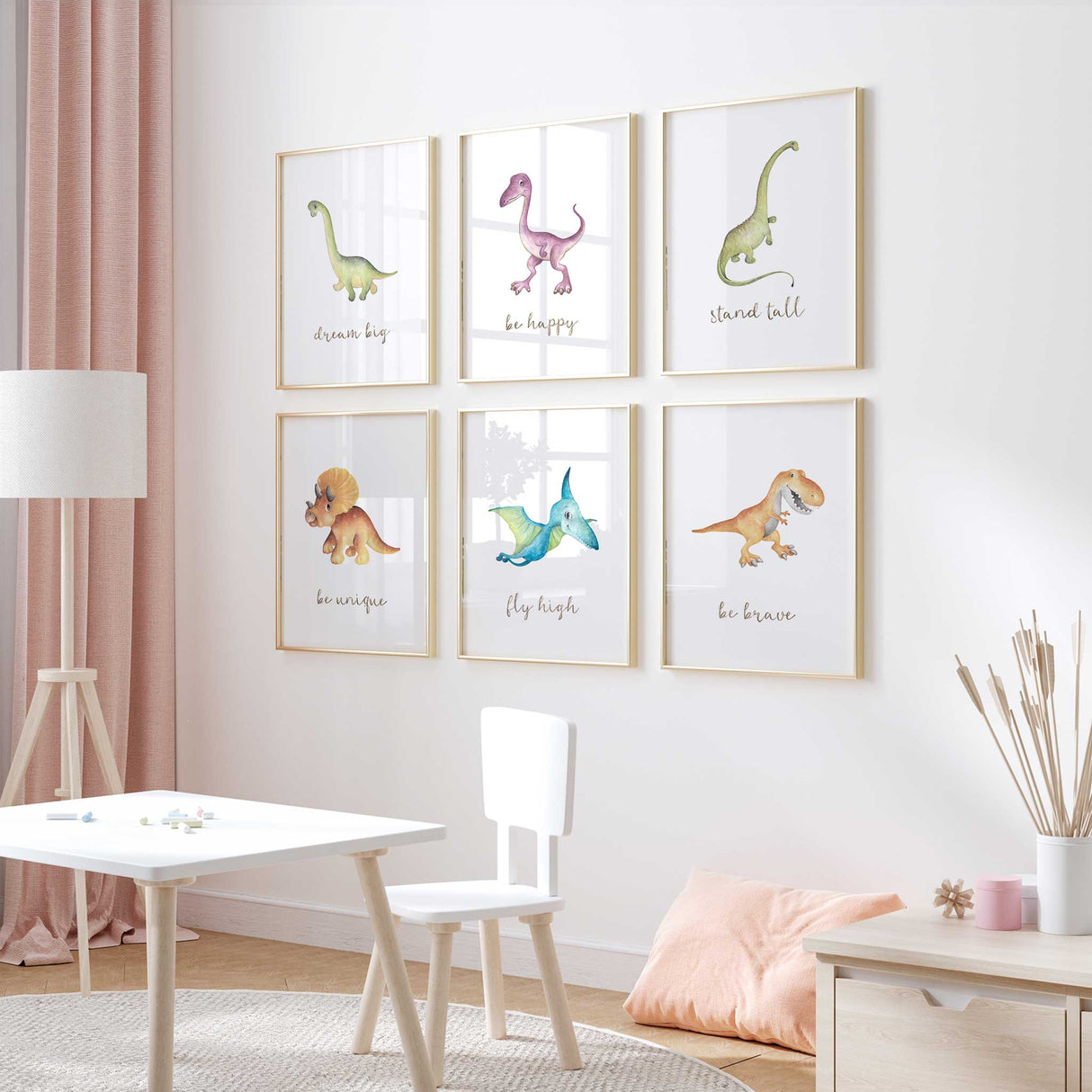 set of 6 dinosaur wall print with affirmations for children
