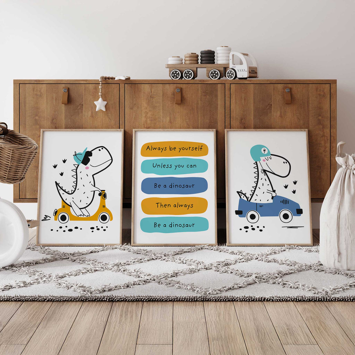 Fun dinosaur wall art set with quote and scooter/car illustrations for boys