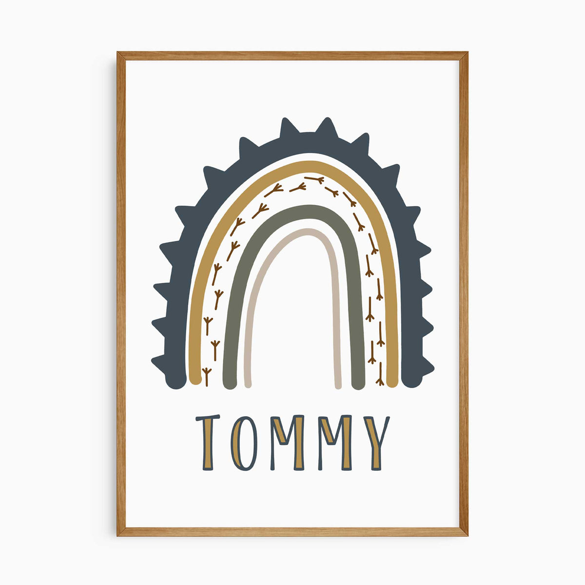 Rainbow name print from a personalised dinosaur wall art set, showing the custom name in bold lettering