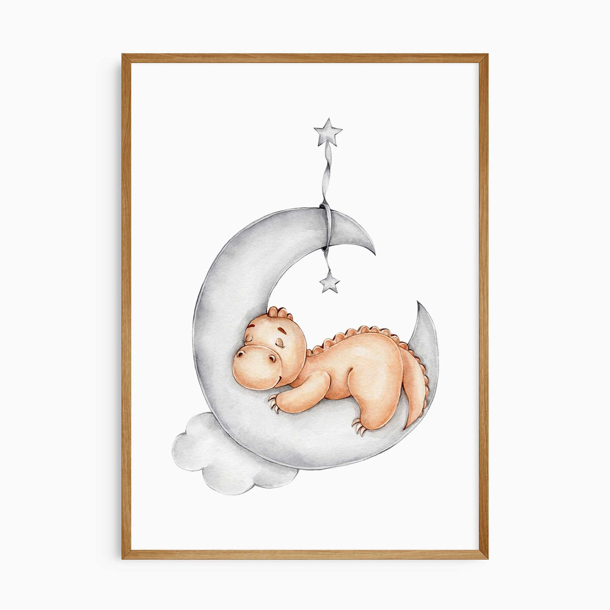 Nursery wall art of a cute dinosaur sleeping on the moon with stars and clouds, perfect boys bedroom or baby shower gift