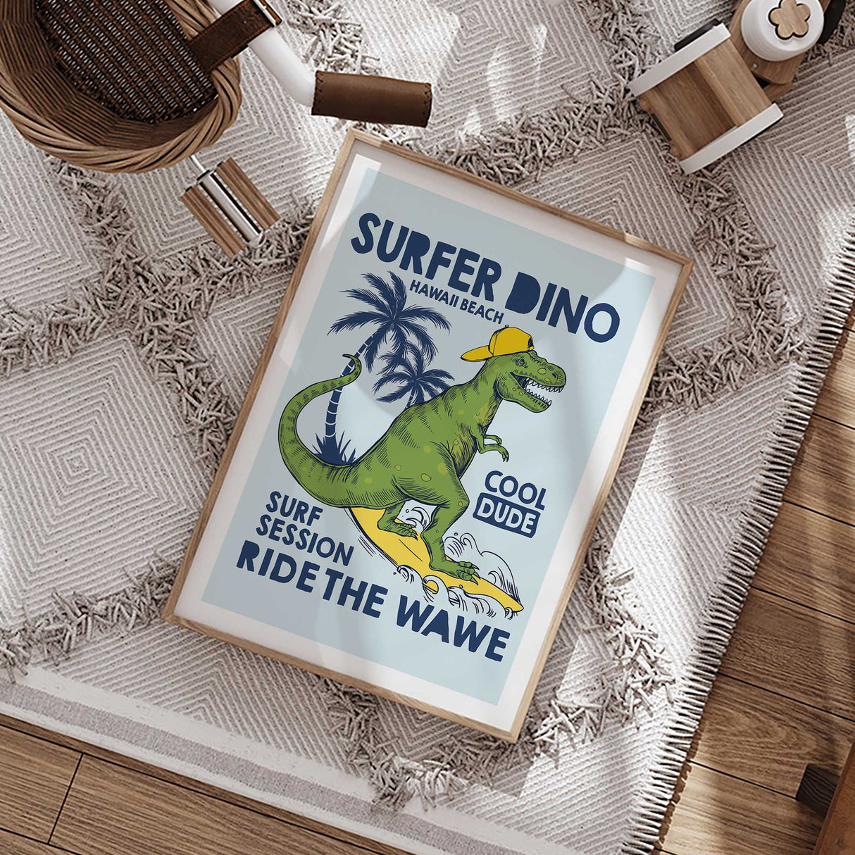 Kids' nursery print featuring a surfing dinosaur with a white border