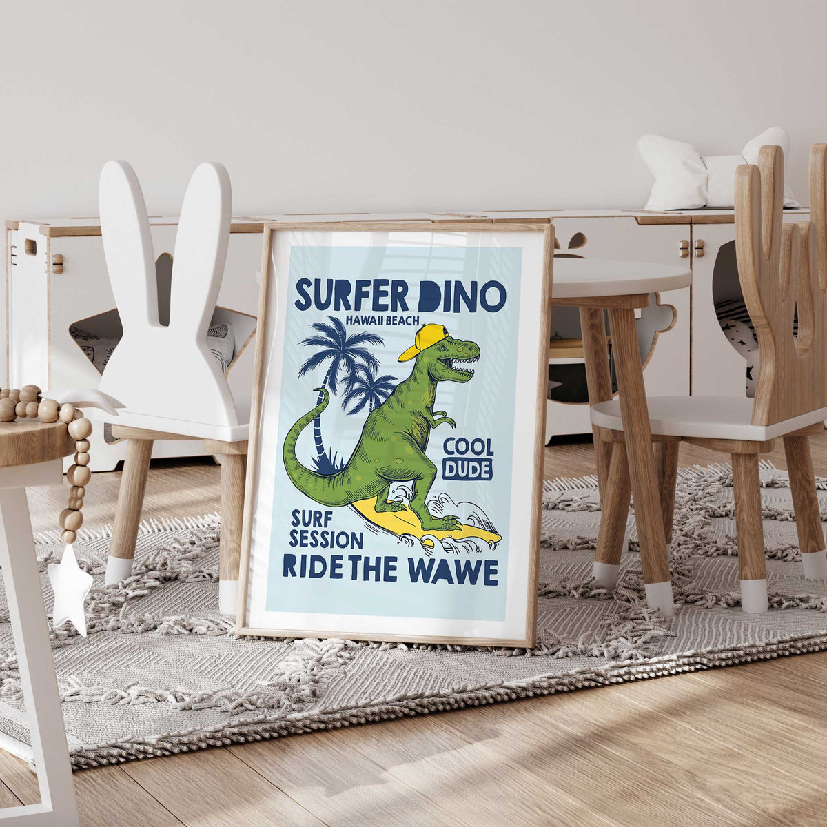 Playful dinosaur surfing a wave in a bright print for children who love dinosaurs and the beach