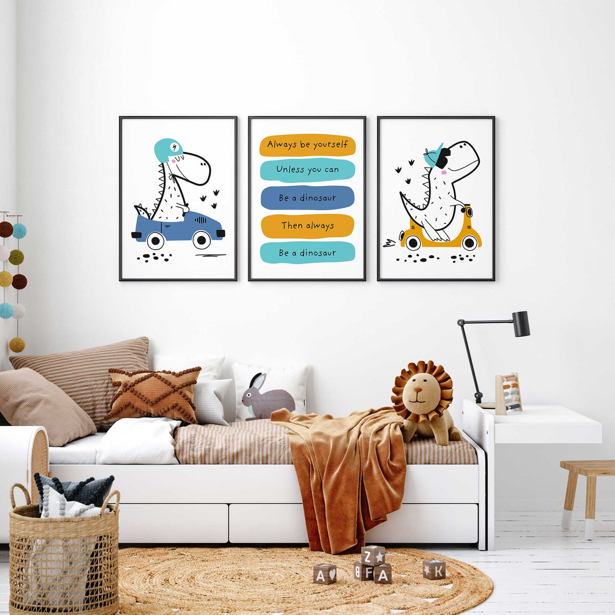 Set of three kids wall prints with a dinosaur on a scooter, a dinosaur in a car and a matching quote