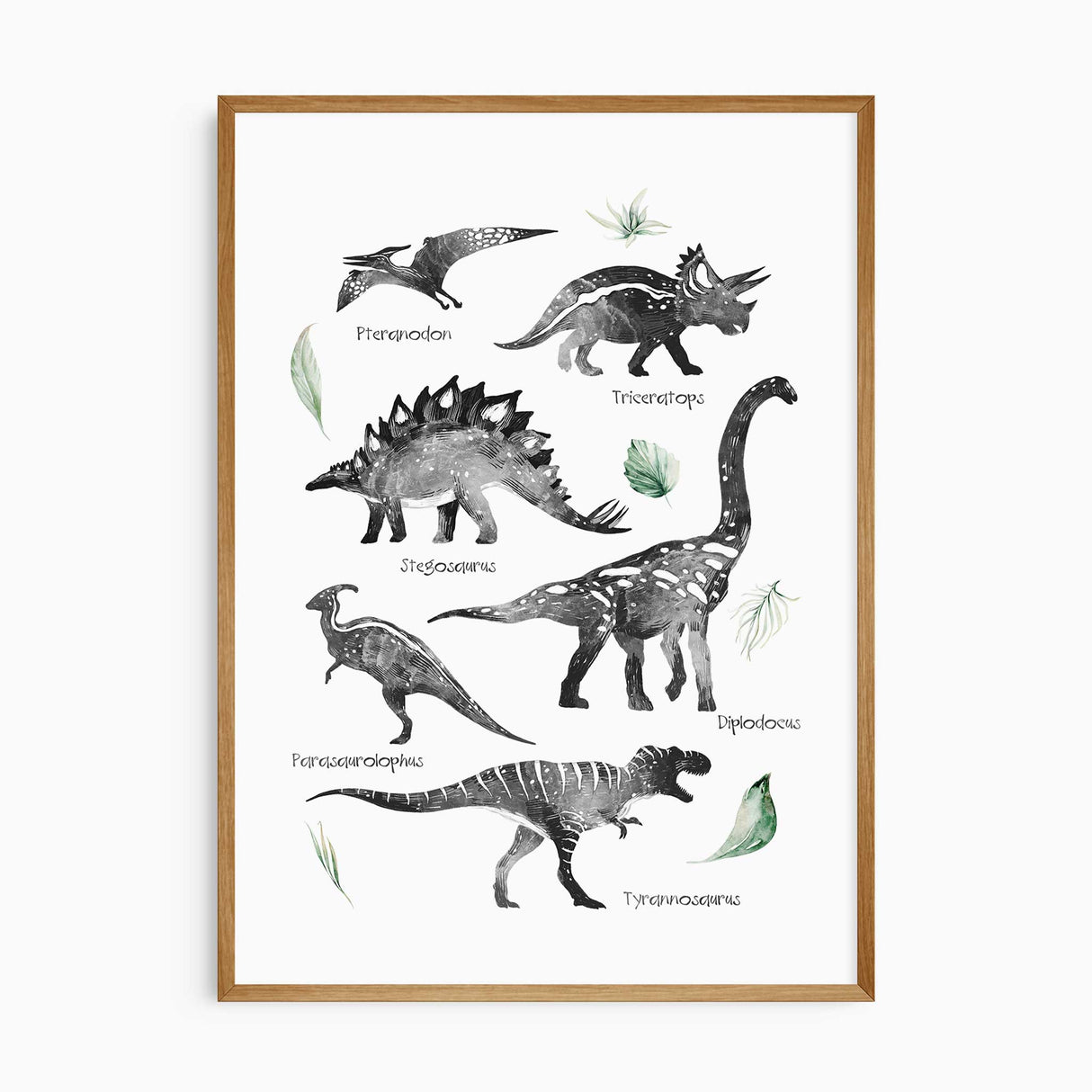 A unframed poster featuring a collection of dinosaurs in various illustrations, each accompanied by a small botanical element. The dinosaurs include names such as 'Phytosaurus', 'Saurischia', 'Thyrannosaurus', 'Ceratosaurus', and 'Tranquilla'.