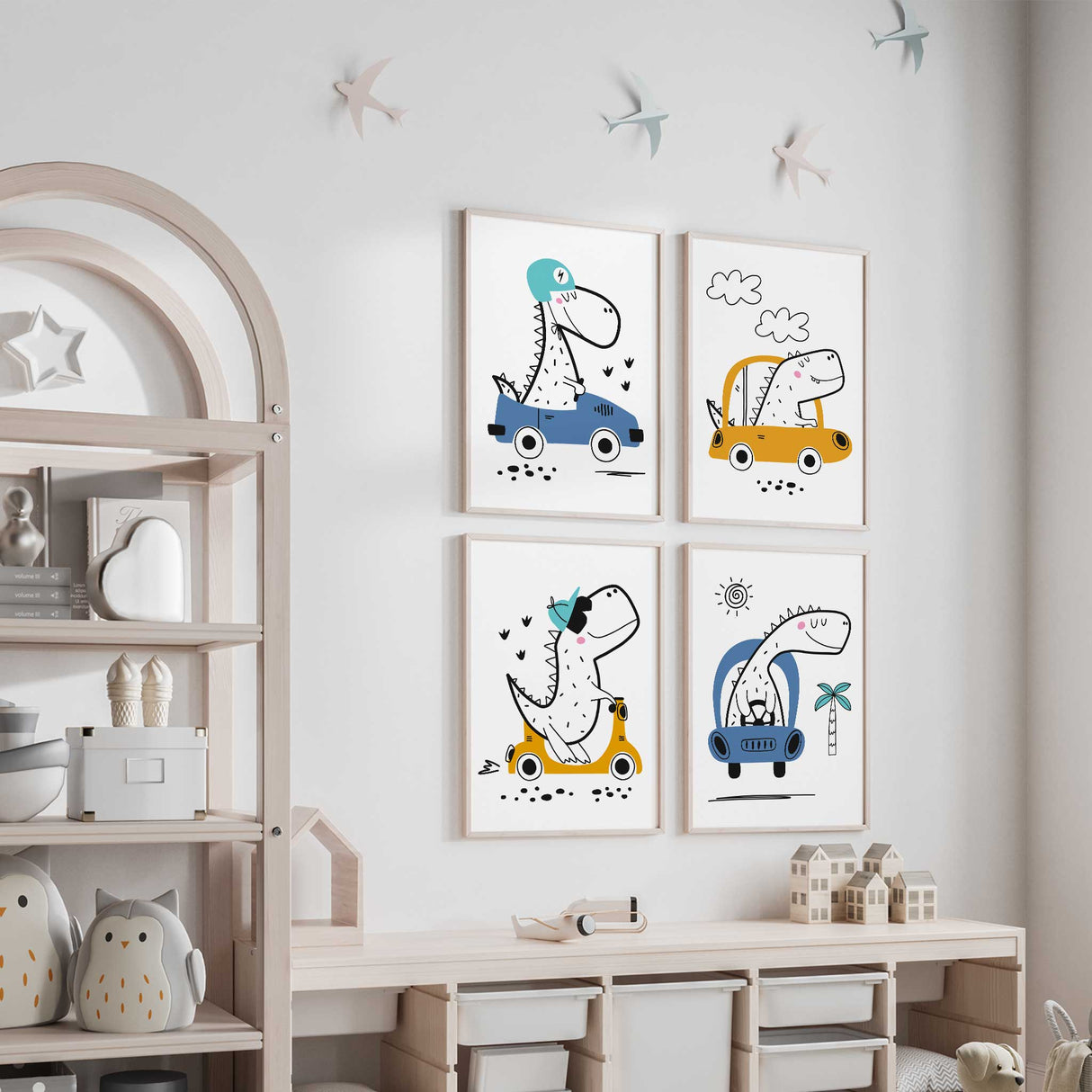 Dinosaur wall art set of 4 prints with dinos driving cars for boys bedroom