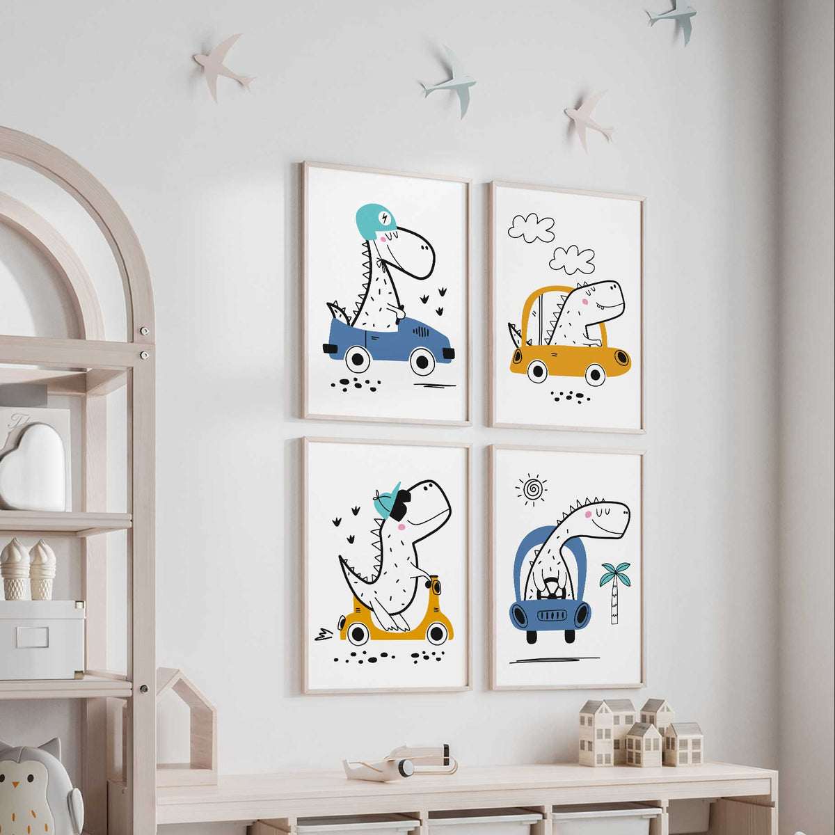 Dinosaur wall art set of 4 prints with dinos driving cars for boys bedroom