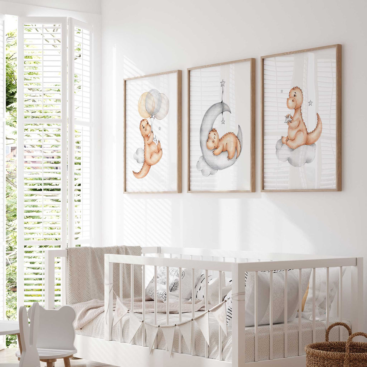 Dinosaur wall art prints set of 3 featuring clouds, balloons and moon