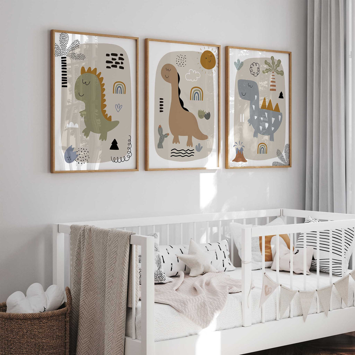 Dinosaur wall art set of 3 prints in neutral colors for kids room or nursery