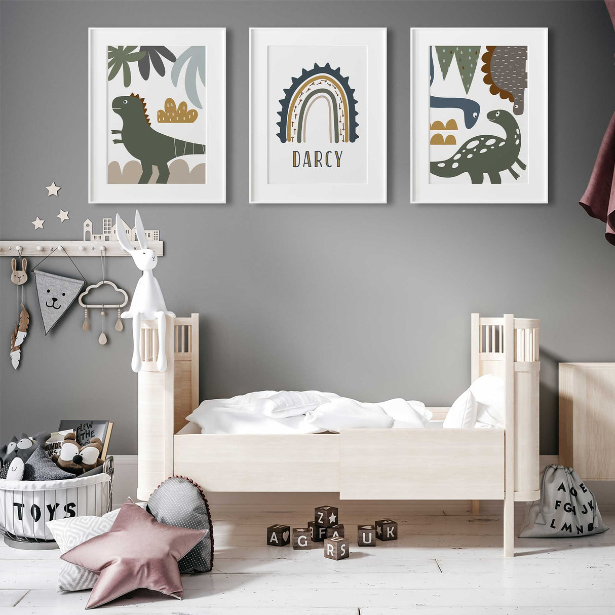 Personalised dinosaur wall art trio for nursery or kids room, unframed prints in bold modern style