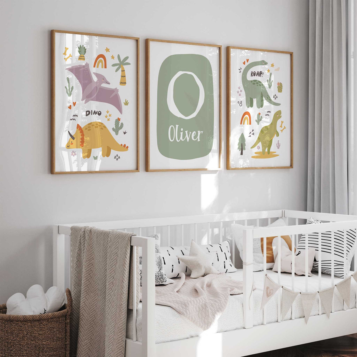 Custom dinosaur nursery décor with child’s name and letter
