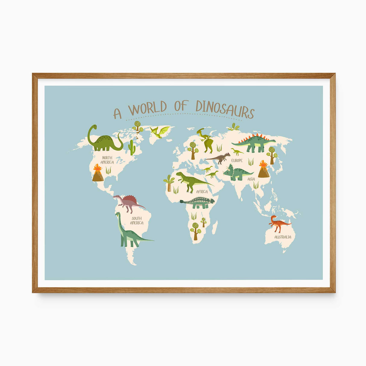 Dinosaur world map wall art with labelled continents for a boys bedroom or dinosaur nursery.