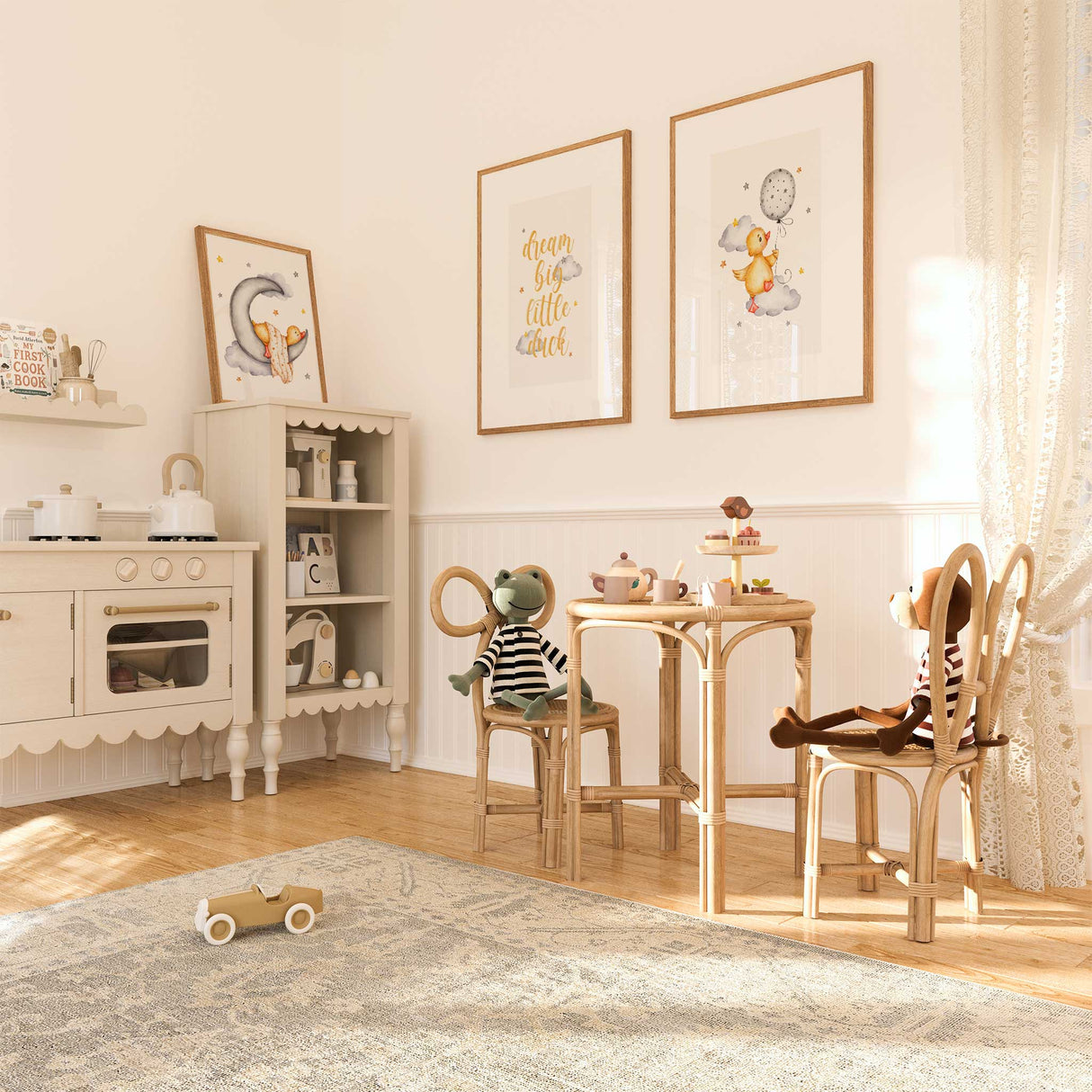 Dream Big Little Duck quote wall art print in yellow and grey tones with clouds and stars, ideal for baby nursery or child’s room décor.