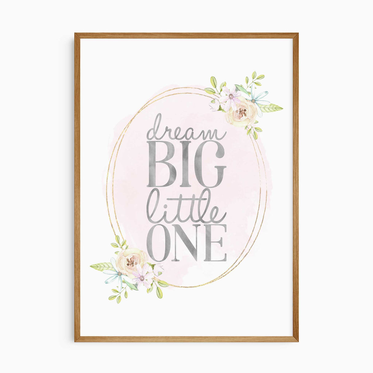 dream big little one nursery quote wall art with soft floral frame