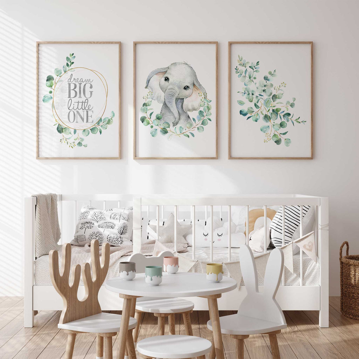 dream big little one nursery wall art with eucalyptus wreath