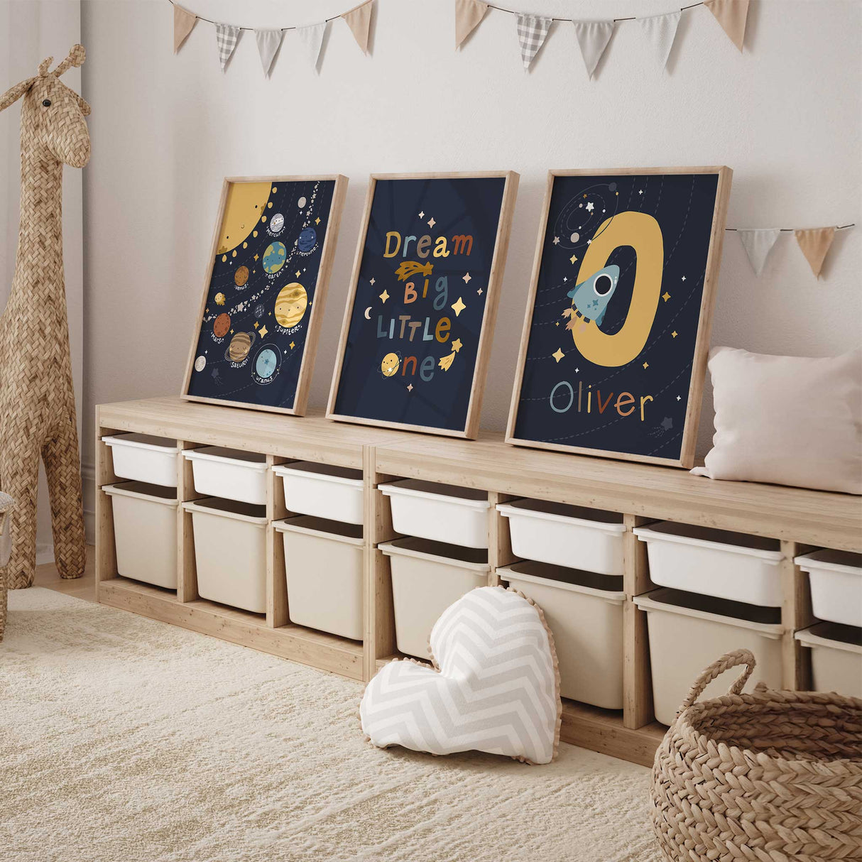 Dream Big Little One quote wall art with stars and planets