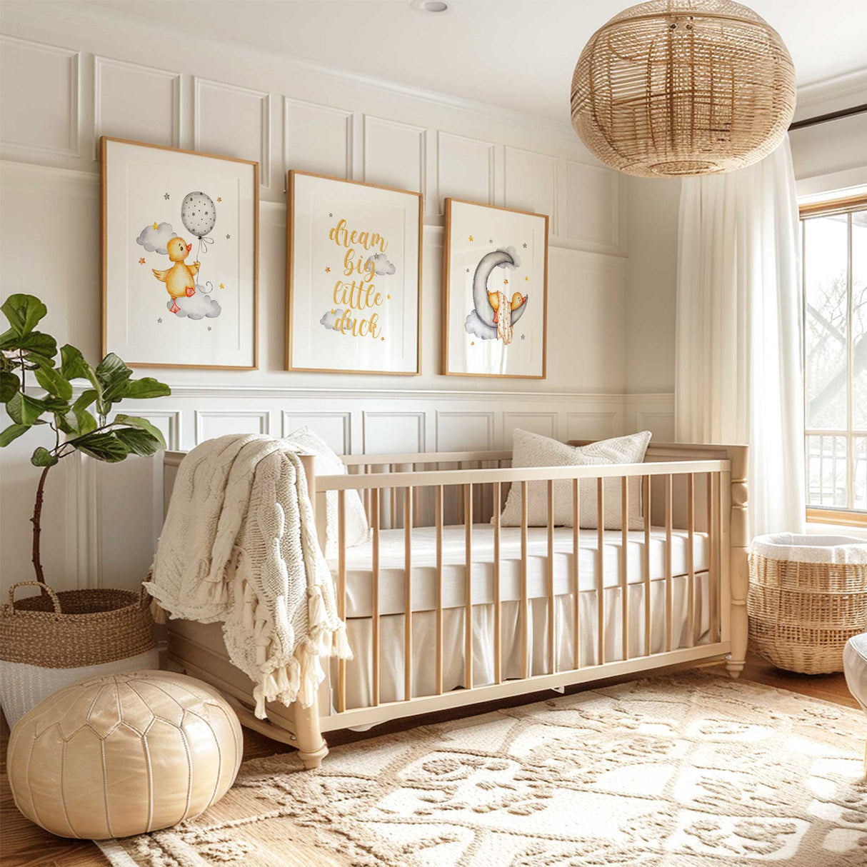 Cute duck holding star balloon on clouds wall art print in soft yellow and grey tones, designed for baby nursery or toddler room décor.