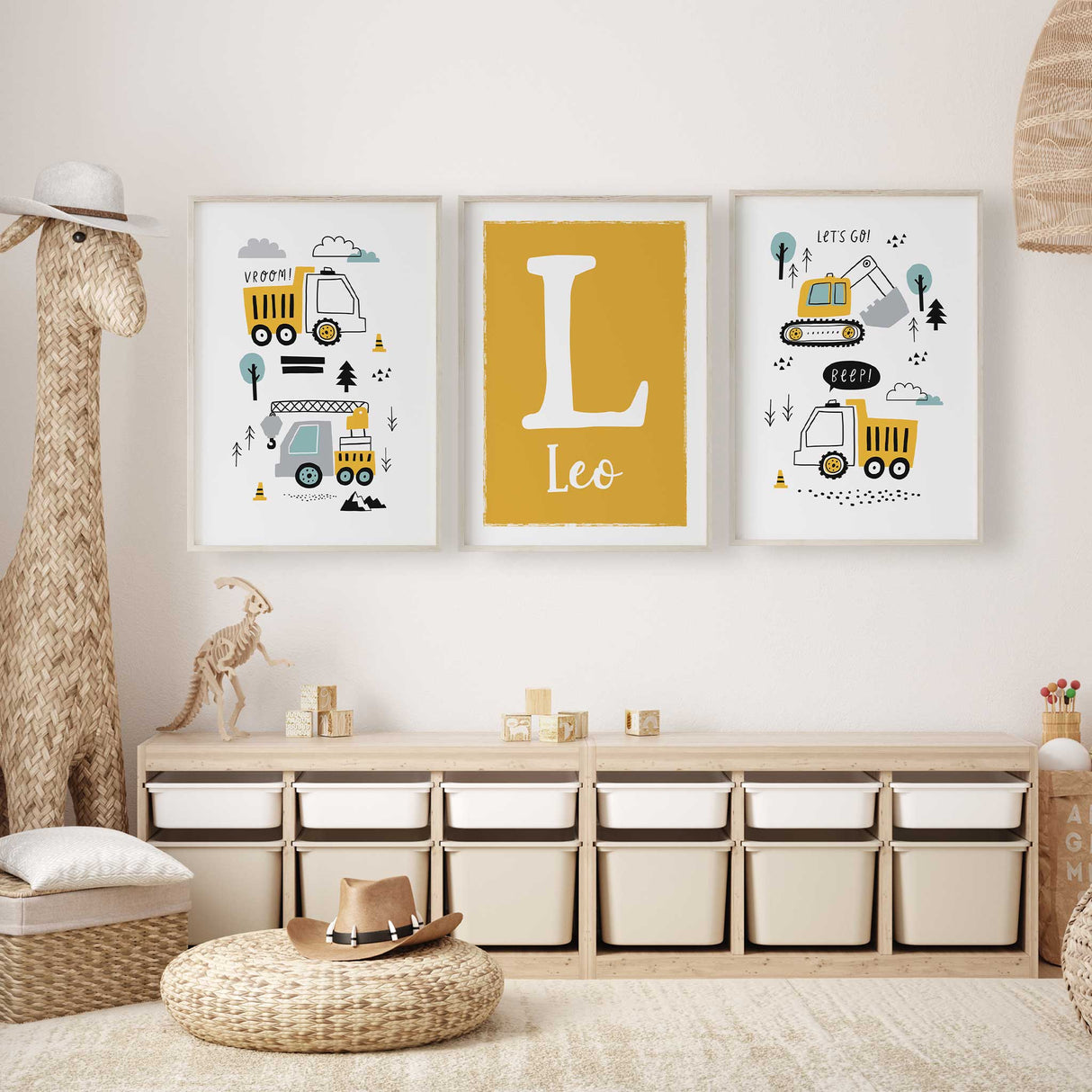 dump truck and excavator wall art for kids room