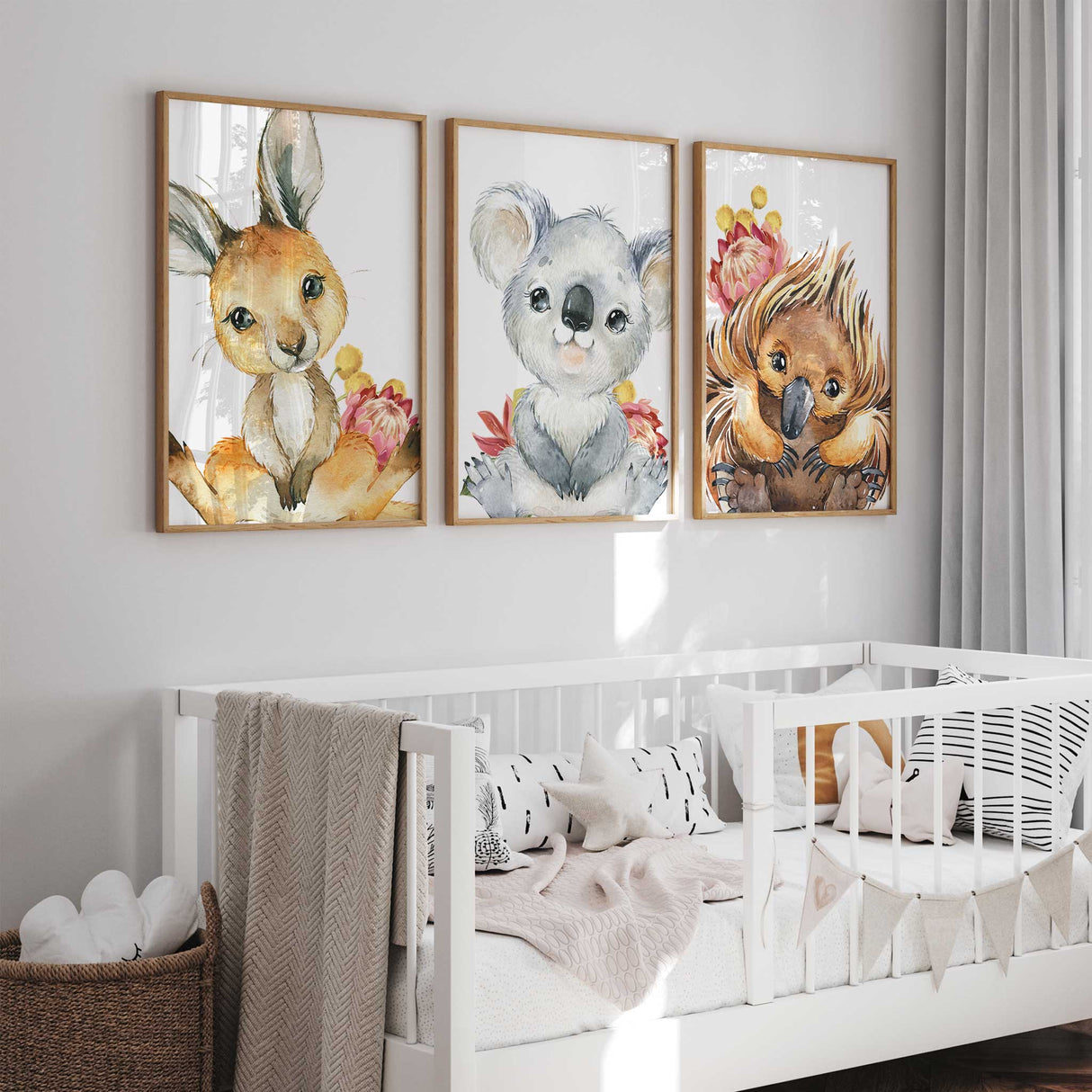 Set of 3 Australian nursery prints with echidna, koala and kangaroo illustrations