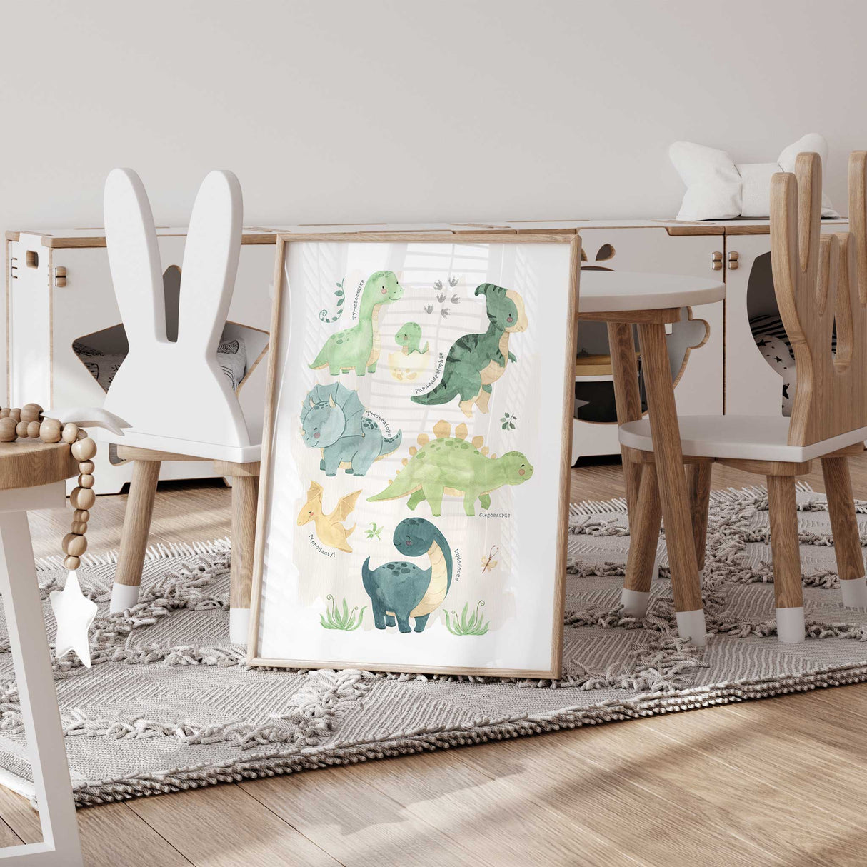 Educational dinosaur wall art with names like T-Rex and Triceratops