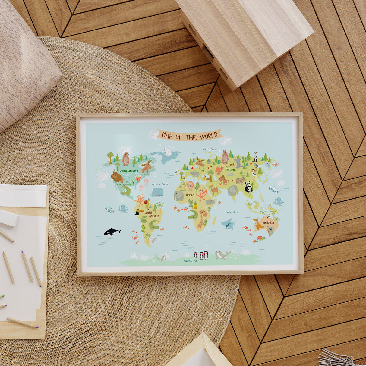 Educational world map for kids with animals and geography details for bedroom or playroom wall decor