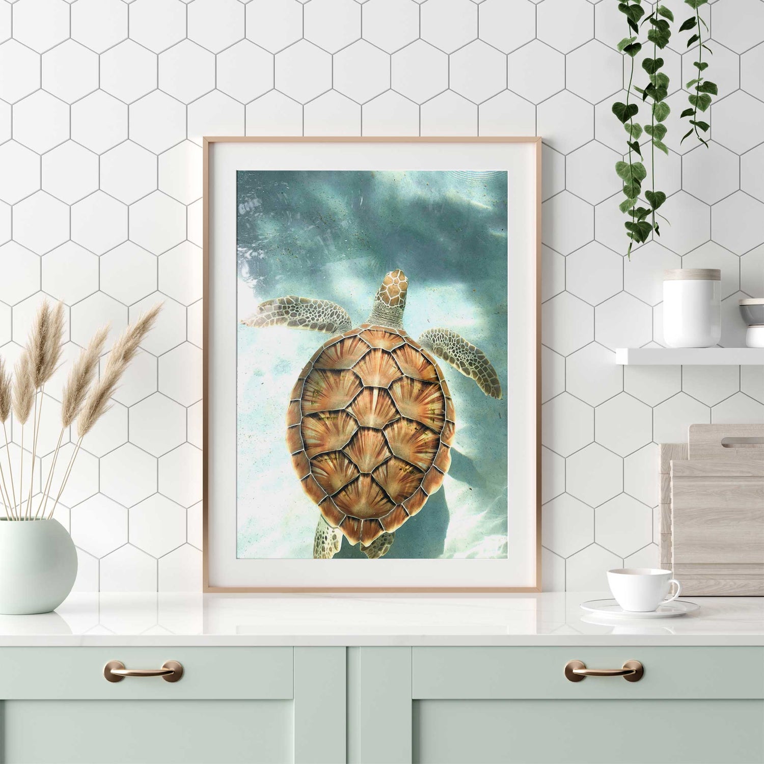 Elegant sea turtle art print for modern coastal interiors, ideal for living rooms or entryways with ocean-inspired decor.