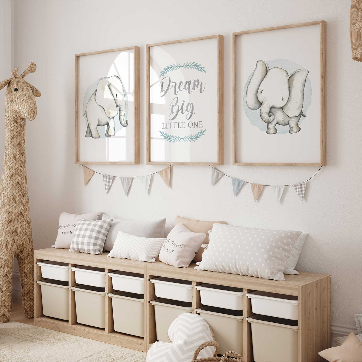 Scandinavian style elephant nursery wall art trio in soft grey watercolour for baby boys room.