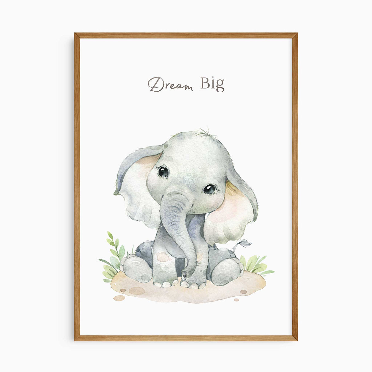 Baby elephant nursery print with “Dream Big” affirmation, watercolour animal wall art for boys or girls room