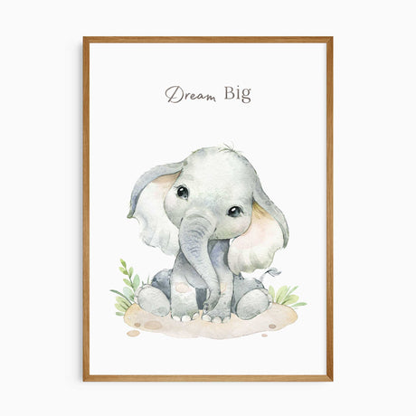 Baby elephant nursery print with “Dream Big” affirmation, watercolour animal wall art for boys or girls room