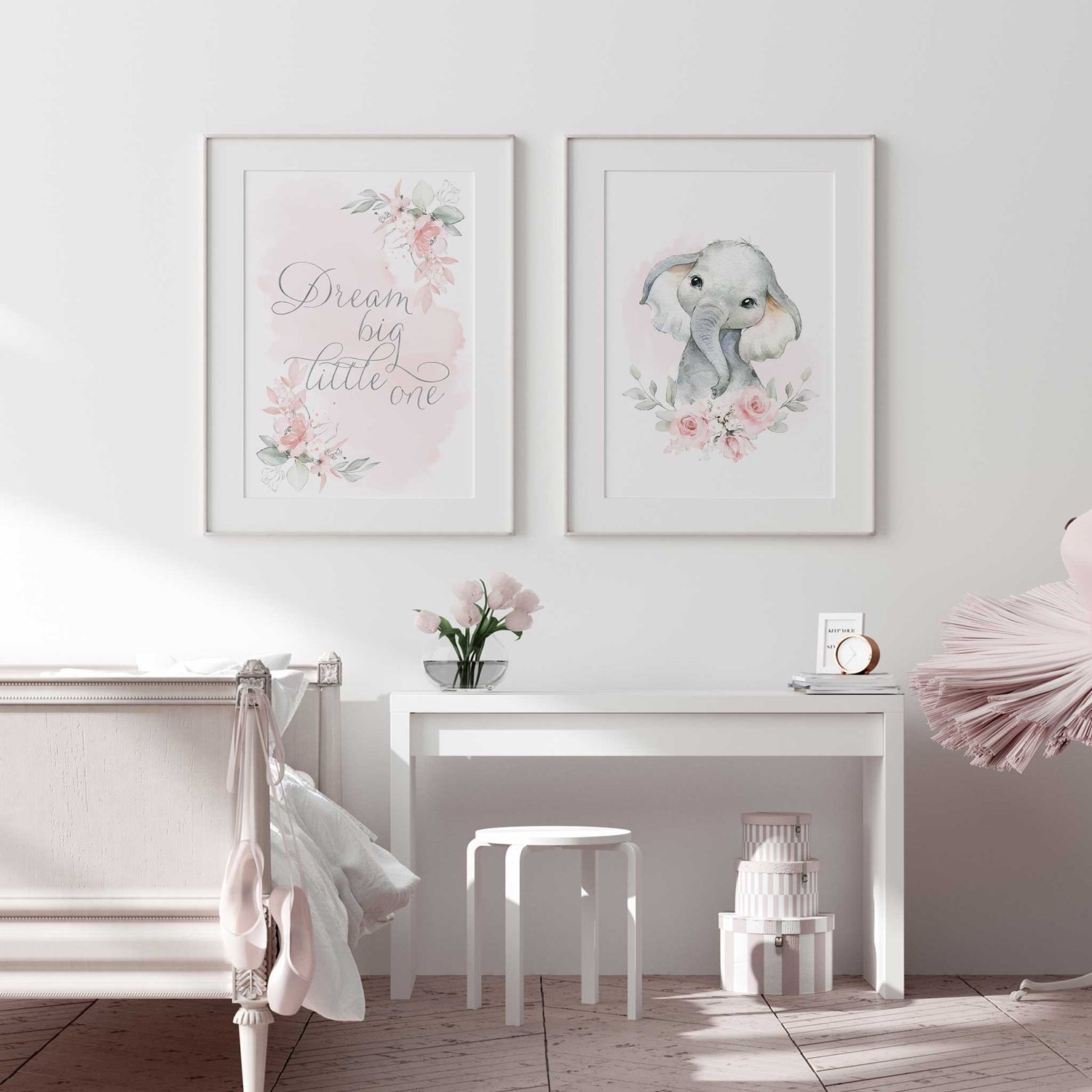 Baby elephant nursery wall art with blush florals