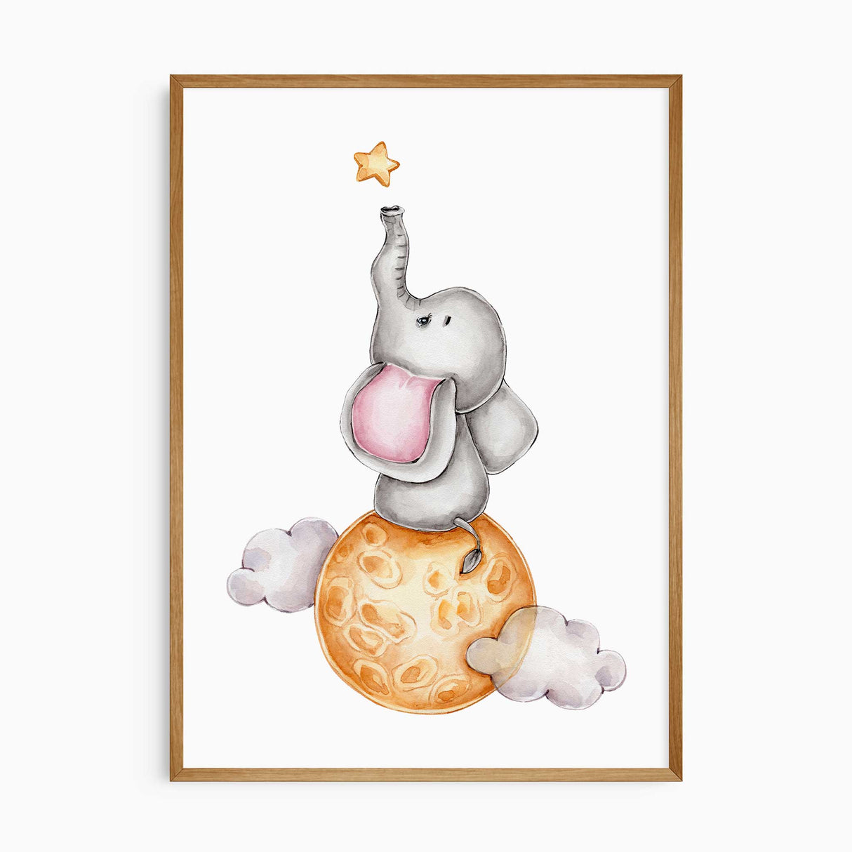 Elephant sitting on a moon reaching for a star – dreamy jungle nursery wall print