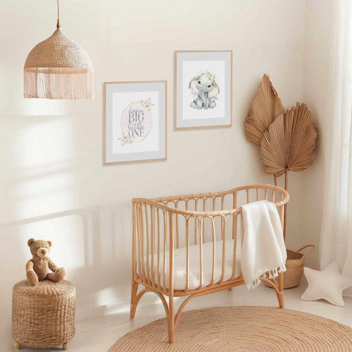 elephant nursery decor wall art set featuring baby elephant illustration