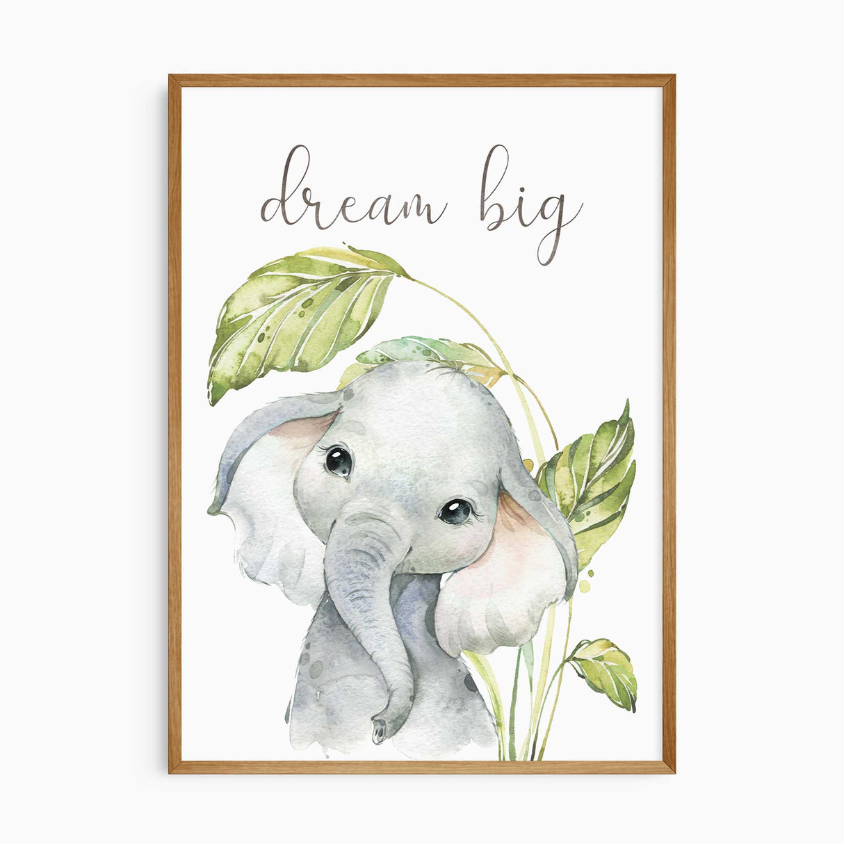Adorable watercolor elephant nursery print featuring the quote "Dream Big."