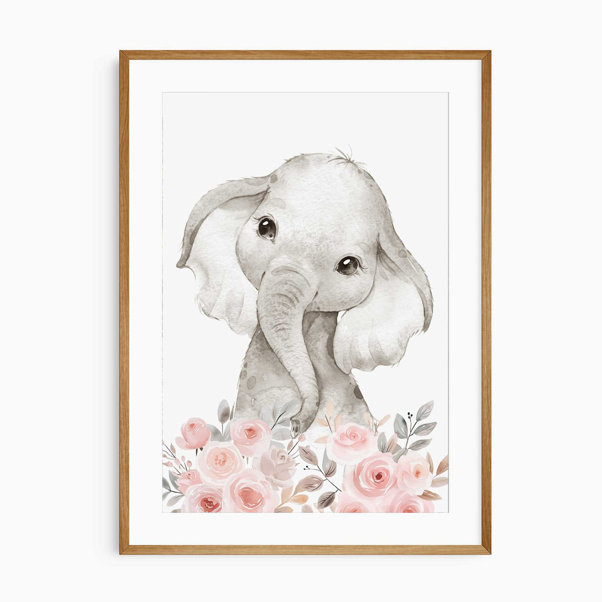 Cute beige baby elephant print with pink flowers for girls room