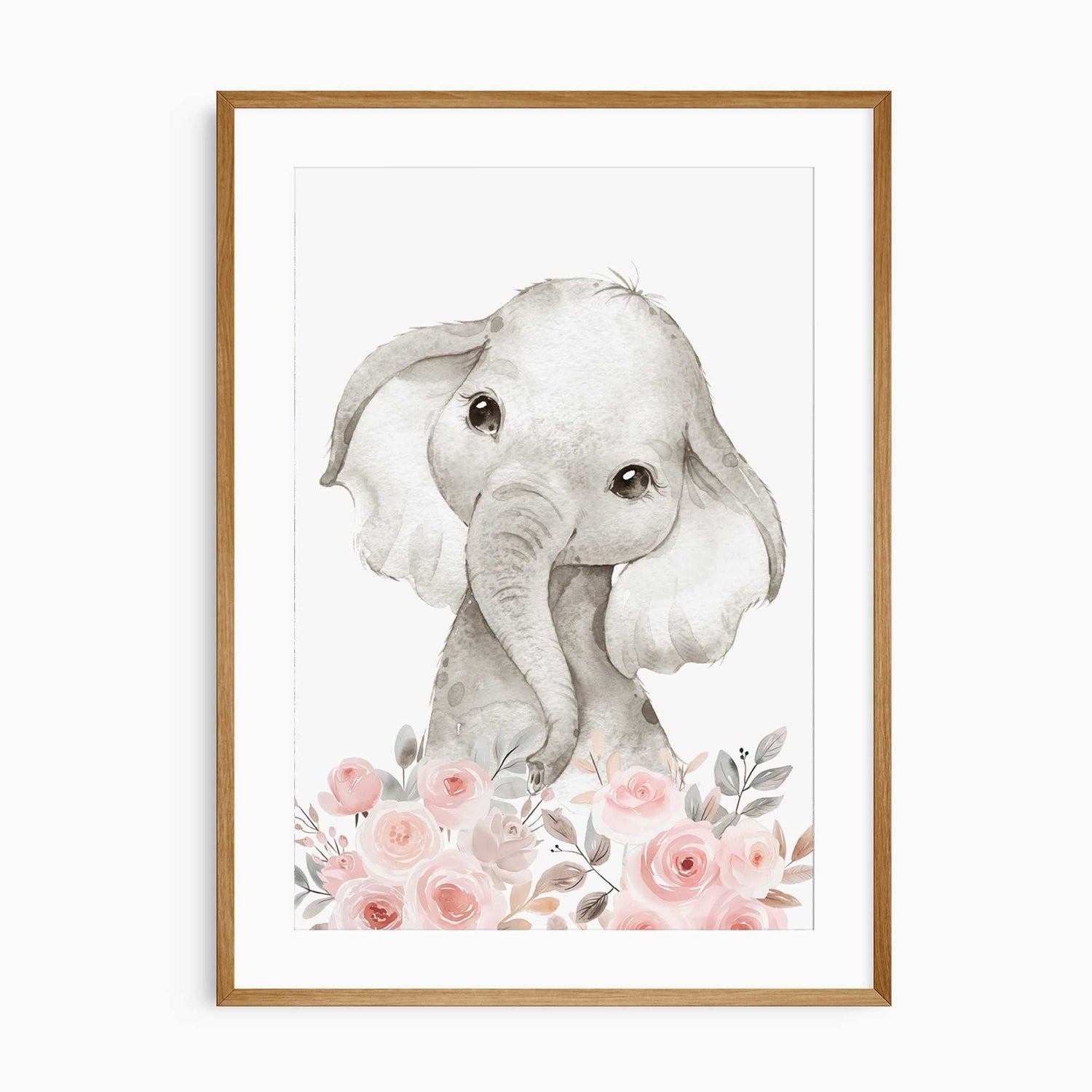 Cute beige baby elephant print with pink flowers for girls room