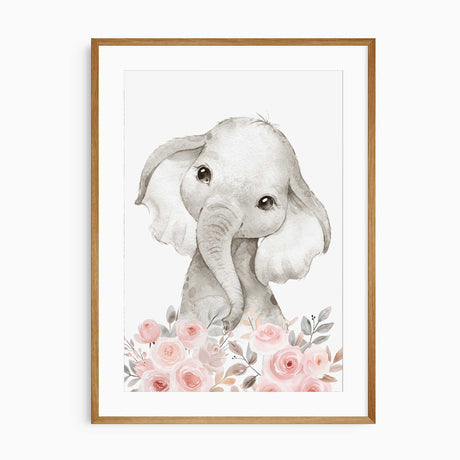 Cute beige baby elephant print with pink flowers for girls room
