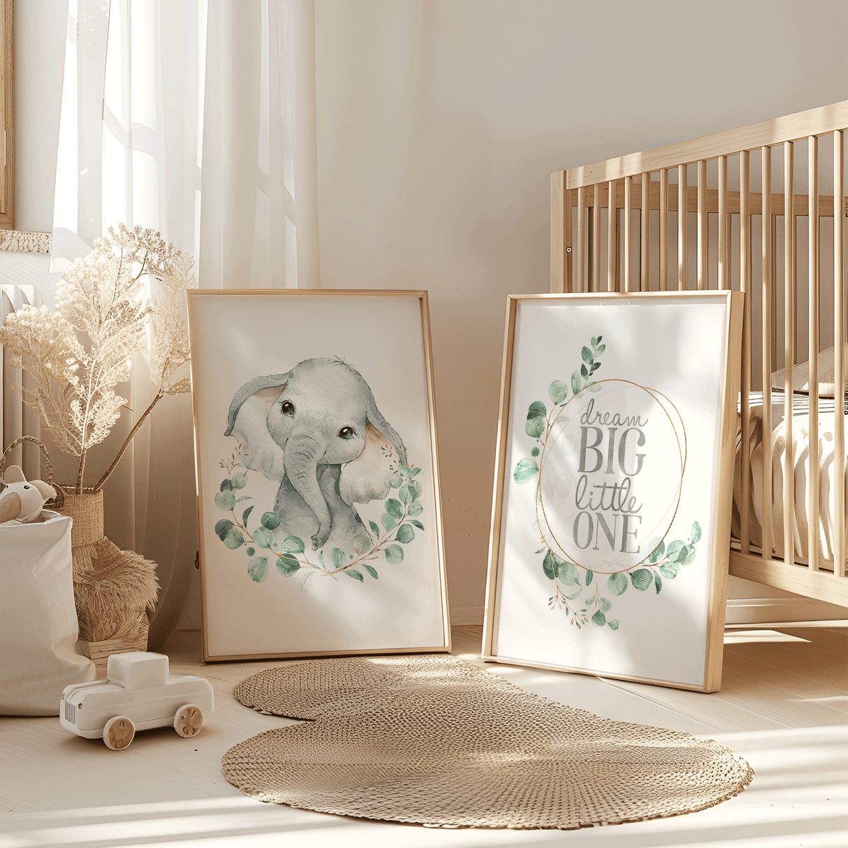 Baby elephant nursery print with eucalyptus leaves in soft watercolours.