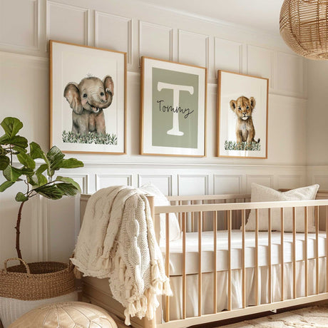 Baby lion cub safari nursery print with soft greenery and neutral tones