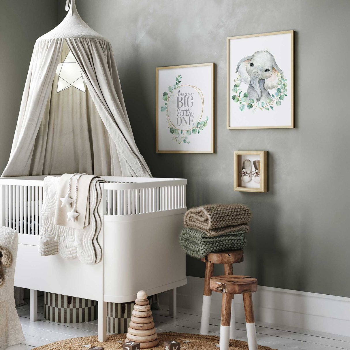 Safari-themed nursery print with baby elephant and botanical design.