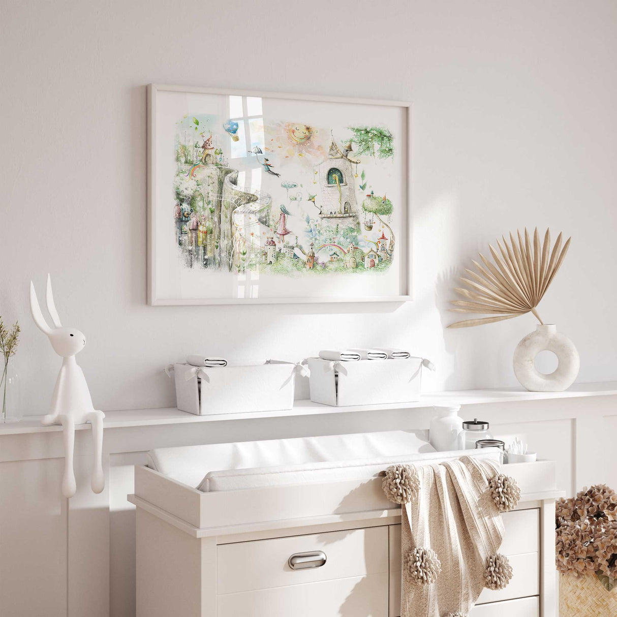 Magical girls nursery print with dreamy pastel castle and flying umbrella character