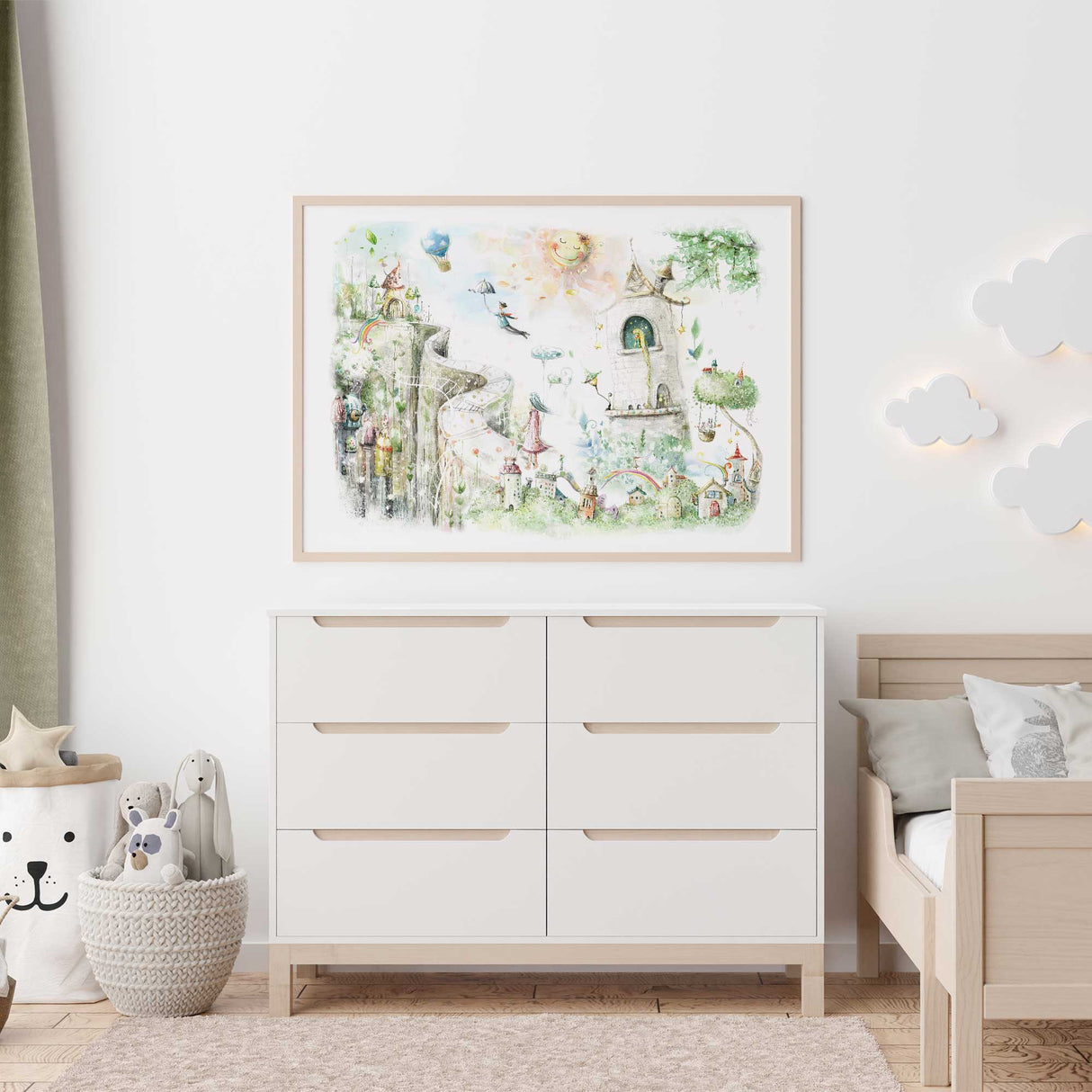 Enchanted nursery art with castles, bridges, and floating sun in a dreamy landscape