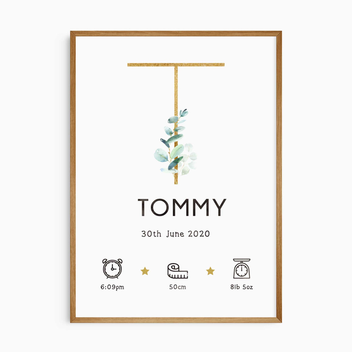 Eucalyptus baby name print with a gold-toned initial, watercolour leaves and personalised newborn birth details