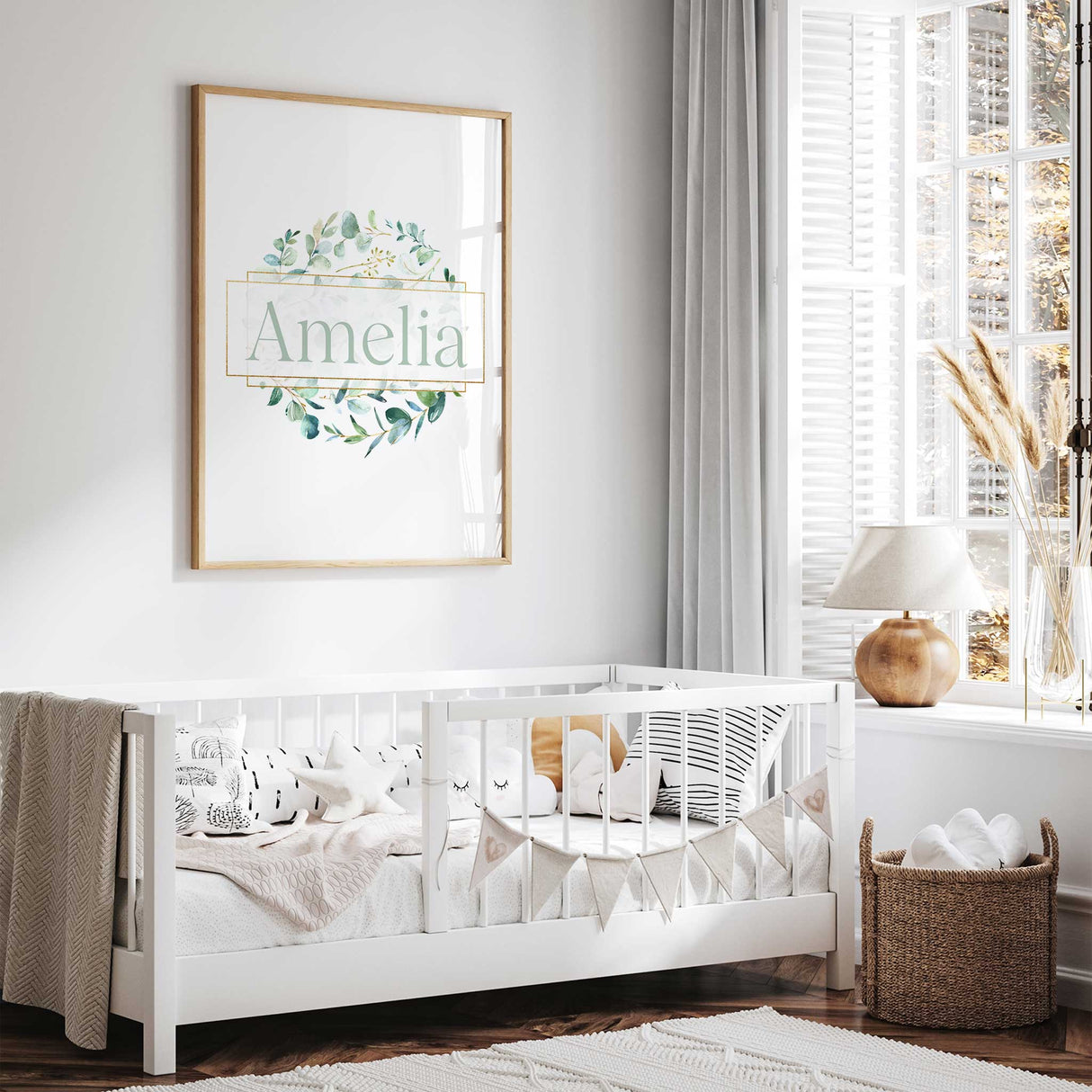 Custom watercolour eucalyptus wreath name print for kids room décor