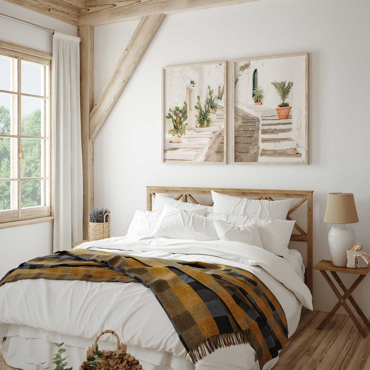 European coastal alleyway art print with white walls, green plants and bright natural light inspired by Mediterranean villages