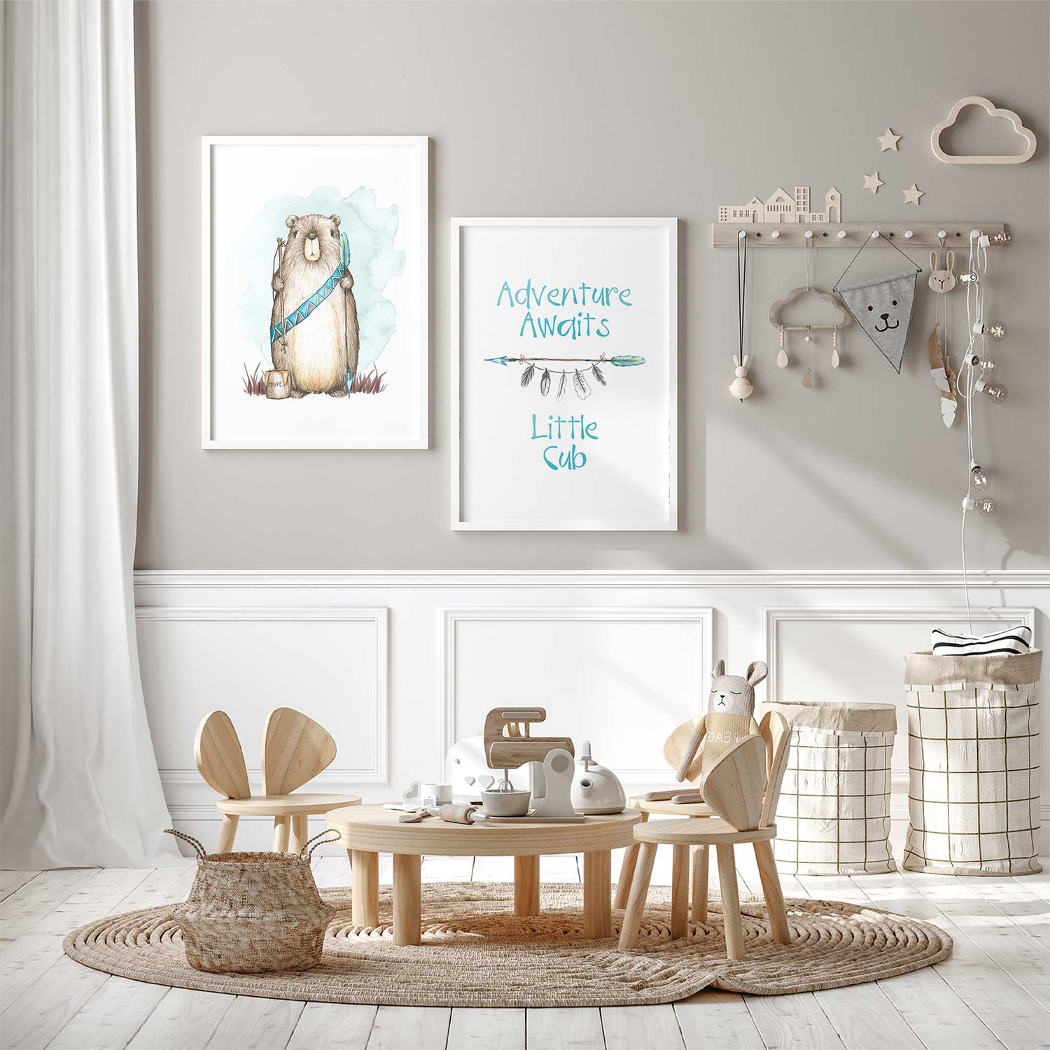 Explorer-inspired nursery decor prints with wild animal bear and adventure theme artwork