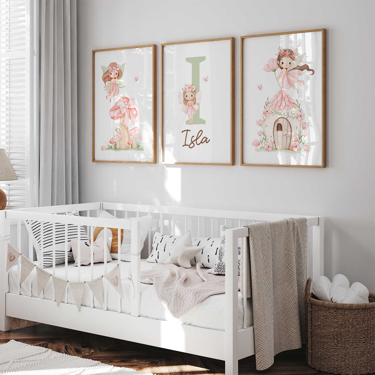 Personalised fairy name print with large green initial and pink fairy for girls nursery wall art